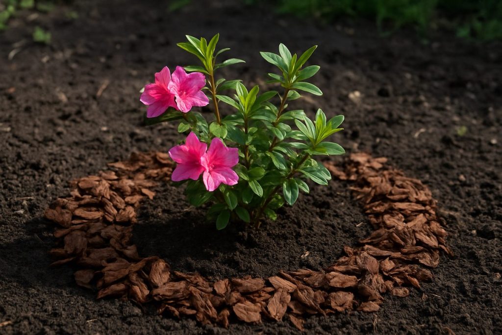 Azalea planterad i surjord med ett täckande lager barkmull