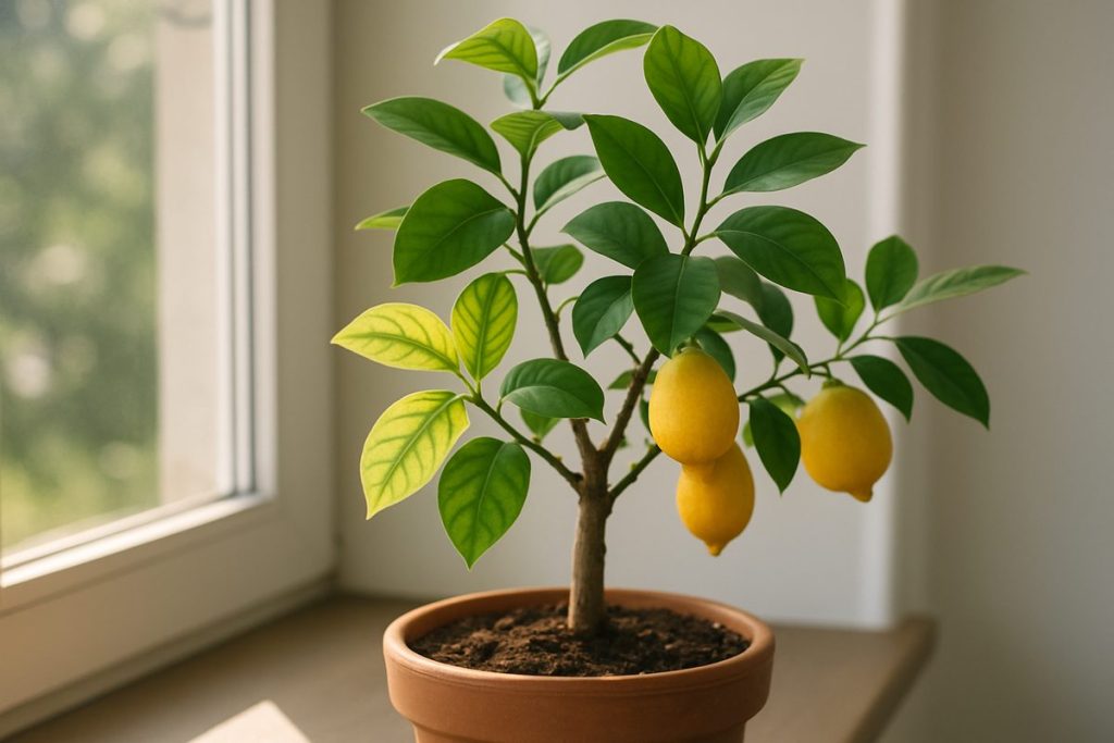 Citronträd i kruka med några gula blad med gröna nerver
