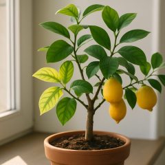 Citronträd i kruka med några gula blad med gröna nerver