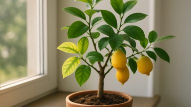 Citronträd i kruka med några gula blad med gröna nerver