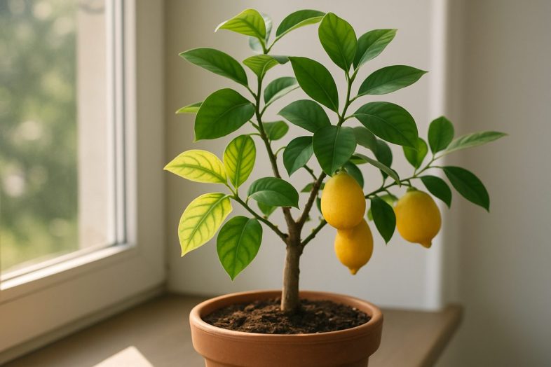 Citronträd i kruka med några gula blad med gröna nerver
