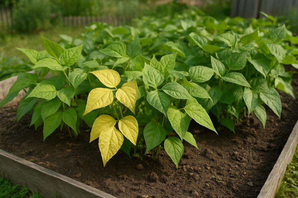 Grönsaksland med bönplantor där några blad är ljusgula