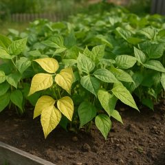 Grönsaksland med bönplantor där några blad är ljusgula