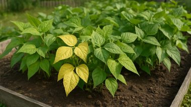 Grönsaksland med bönplantor där några blad är ljusgula