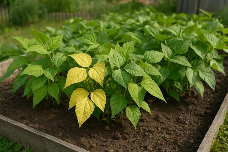 Grönsaksland med bönplantor där några blad är ljusgula
