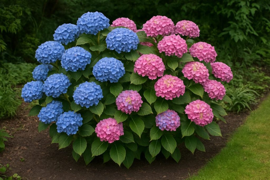 Bondhortensia med både blå och rosa blomklasar i en trädgårdsrabatt