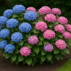 Bondhortensia med både blå och rosa blomklasar i en trädgårdsrabatt