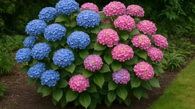 Bondhortensia med både blå och rosa blomklasar i en trädgårdsrabatt