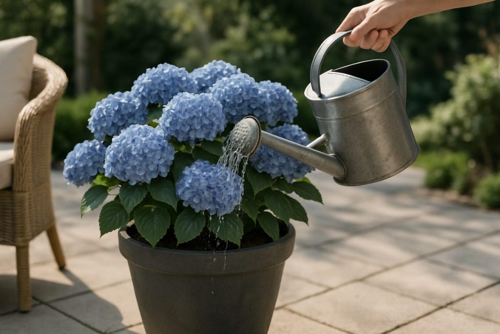 Hand som vattnar en blå hortensia i kruka med en vattenkanna