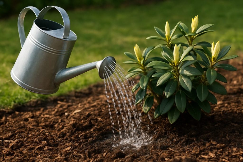 Vattenkanna som vattnar runt en rhododendron med ljusa skottspetsar i en rabatt