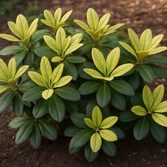 Rhododendron med gulnande unga blad och gröna nerver i en trädgårdsrabatt