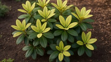 Rhododendron med gulnande unga blad och gröna nerver i en trädgårdsrabatt