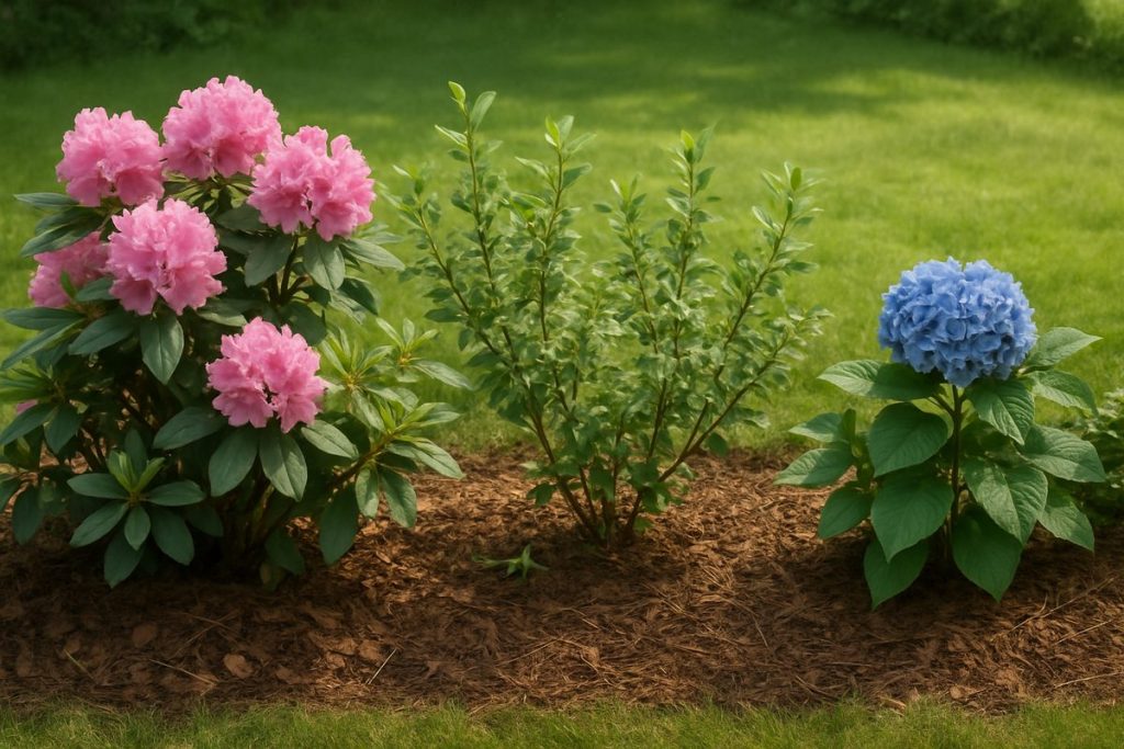 Trädgårdsrabatt med rhododendron, blåbärsbuskar och hortensia i sur jord