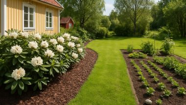 Trädgård med en surjordsrabatt med rhododendron intill en gräsmatta och ett grönsaksland